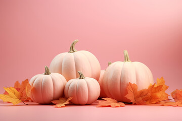 White pumpkins and autumn leaves on a pink background. Studio shot of a pumpkin sitting on top of a pink surface with copy space for text