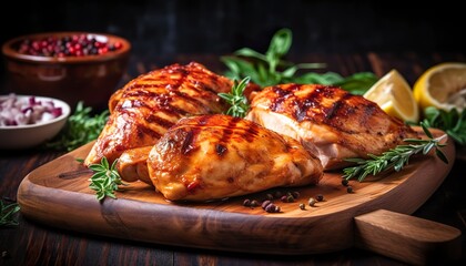 Closeup of tasty roast chicken breast served on wooden board. Grilled chicken. - obrazy, fototapety, plakaty
