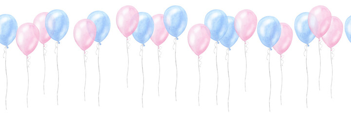 Banner blue pink balloons, boy girl birthday surprise. Gender reveal party, baby shower. Hand drawn watercolor illustration isolated on white background. For newborn products
