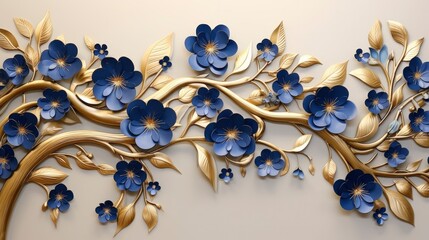 Elegant gold and royal blue floral tree with leaves and flowers hanging branches illustration background. - obrazy, fototapety, plakaty
