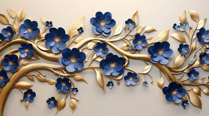 Fotobehang Elegant gold and royal blue floral tree with leaves and flowers hanging branches illustration background. © Sajeda