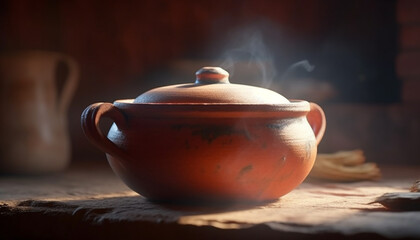 Rustic terracotta vase holds old fashioned earthenware bowl in antique kitchen generated by AI - obrazy, fototapety, plakaty