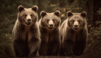 Obraz premium Cute bear cub standing in forest, looking at camera generated by AI