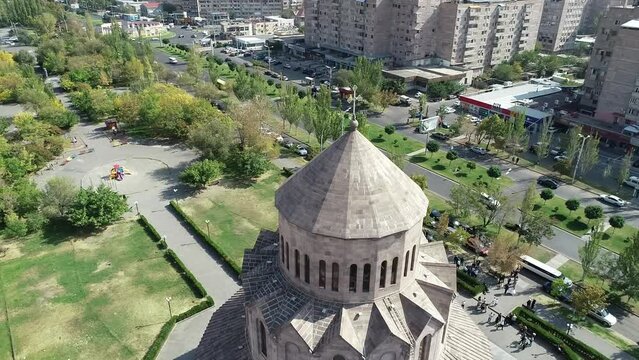 Drone footage of the Holy Trinity Church in the Malatia-Sebastia District of Yerevan, Armenia