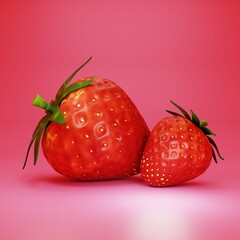 3d icon strawberry, Cute soft cartoon style strawberry 3D rendering icon, illustration for food and nature design.