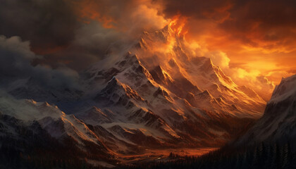 Majestic mountain peak, snow capped, sunset paints nature panoramic beauty generated by AI - obrazy, fototapety, plakaty