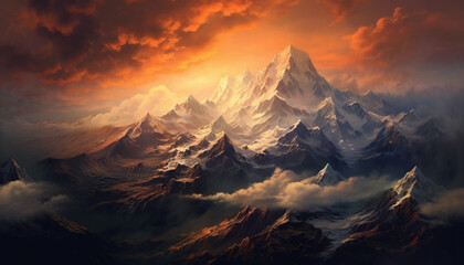 Majestic mountain peak, snow capped, sunset paints panoramic nature beauty generated by AI