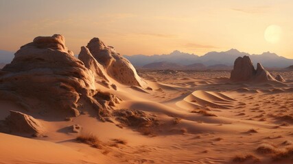 Naklejka premium Sand dune, sunset, mountain, travel, adventure, Africa, beauty in nature, arid climate, heat, sunlight generated by AI