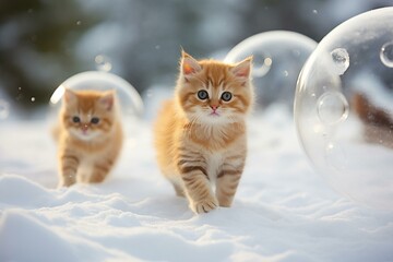 Cute kittens explore icy wonderland, full of curiosity and playfulness. Generative AI - obrazy, fototapety, plakaty