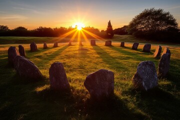 sunrise over stone circle at summer solstice with sun casting shadows and warm glow on ground. Generative AI