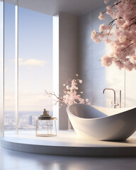 minimalist luxury bathroom with feminin theme, large bathtub, futuristic basin and shower, white towels, cosmetic racks and large mirror, two chair and little table with flower, hyper realistic,