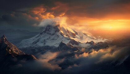 Majestic mountain peak, snow capped, sunset paints dramatic sky generated by AI - obrazy, fototapety, plakaty