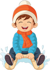 Cartoon little boy sledding down a hill