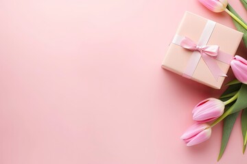 Pink gift box with ribbon bow and bouquet of tulips on isolated pastel pink background.