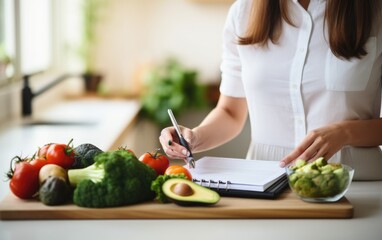 Woman choosing healthy food options and preparing a grocery list