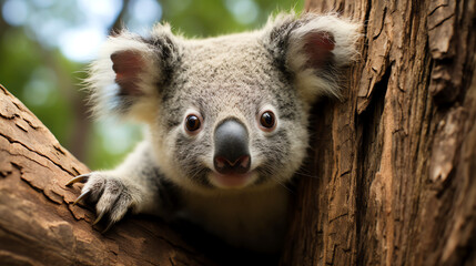 curious koala in tree