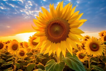 Sunflowers turning toward the sun in the soft morning light.