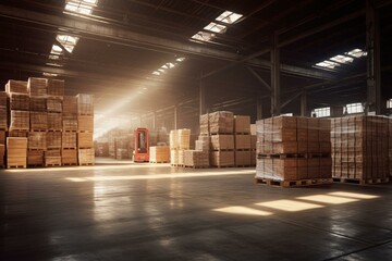 Loading pallets and boxes in warehouse. Generative AI