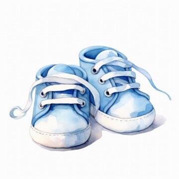 Watercolor newborn small shoes isolated white background.