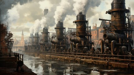 Illustration of an industrial factory 1.0 in the age of old steam engines mid-19th century - obrazy, fototapety, plakaty