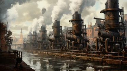 Fotobehang Illustration of an industrial factory 1.0 in the age of old steam engines mid-19th century © Muamanah