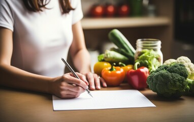 Obraz na płótnie Canvas Woman choosing healthy food options and preparing a grocery list