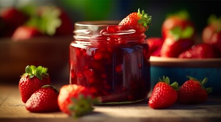 Strawberry jam and fresh berries. - obrazy, fototapety, plakaty