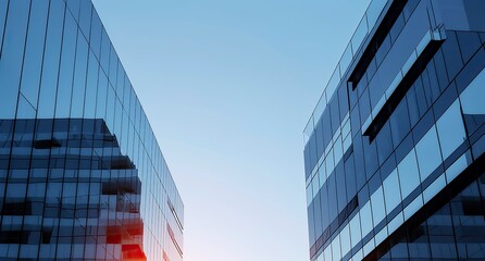 Two modern buildings with glass windows. Architecture design of buildings.