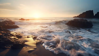 Sunset over the coastline, waves crash on the tranquil waters generated by AI