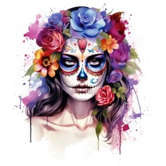 Woman sugar skull with beautiful colored flowers on white background.