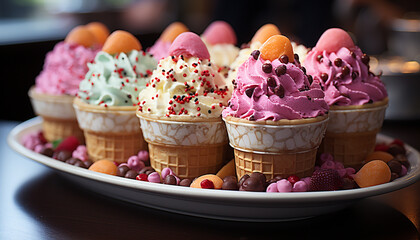 Sweet food, gourmet indulgence, fresh fruit, pink ice cream, homemade decoration generated by AI