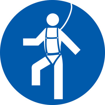 Mandatory safety harness. Mandatory information symbol in blue circle. personal protective equipment, fall hazards, epp