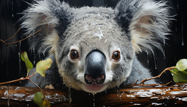 Cute koala looking at camera, wet fur, in nature embrace generated by AI