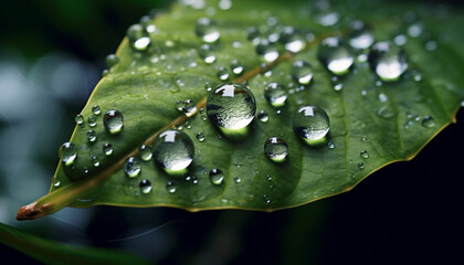 Vibrant green leaf reflects dewdrop, showcasing nature fresh beauty generated by AI