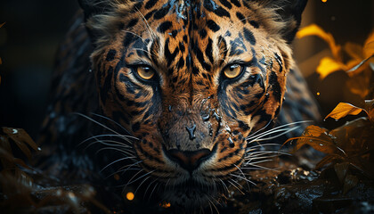 Majestic tiger, wildcat staring, beauty in nature, selective focus generated by AI