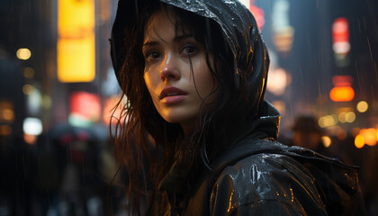 Young woman in the rain, city lights reflecting on wet streets generated by AI