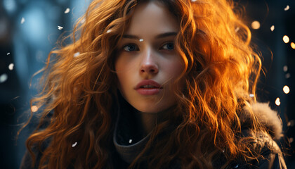 Fototapeta premium Smiling woman with long brown hair looking at camera, beautiful generated by AI