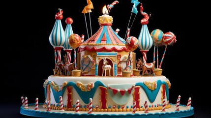 A cake for a 46th birthday, featuring a number 46 candle and a carnival midway-themed frosting design.