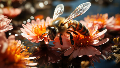 Busy honey bee pollinating a vibrant flower in a formal garden generated by AI - obrazy, fototapety, plakaty