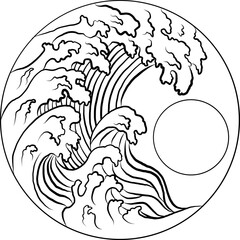 Japanese wave vector illustration for T-shirt.Traditional Chinese wave in circle.Beautiful line art of nature for printing on shirt.Asian art for doodle and painting on background.