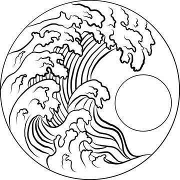 Japanese wave vector illustration for T-shirt.Traditional Chinese wave in circle.Beautiful line art of nature for printing on shirt.Asian art for doodle and painting on background.