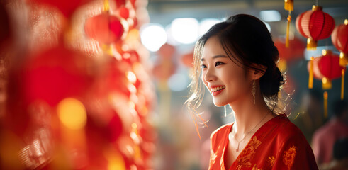 Beautiful Chinese woman wears traditional clothes during the Lunar New Year to celebrate the festival - obrazy, fototapety, plakaty