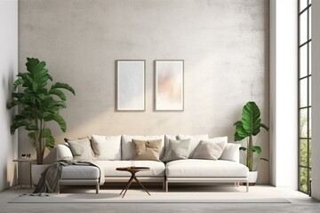 white wall poster, living room background, 3D illustration. Generative AI