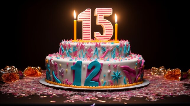 A cake for a 15th birthday, with a giant number 15 candle and a retro, 80s-themed frosting pattern.