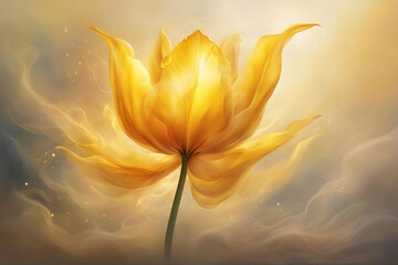 Yellow tulip flower smoke background. - obrazy, fototapety, plakaty