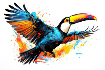 Image of colorful toucan is flying with its wings spread. Bird, Wildlife Animals, Illustration, Generative AI. - obrazy, fototapety, plakaty