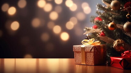 Fototapeta na wymiar Beautiful and elegant christmas background with tree, gift box, star and christmas balls