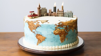 A cake for a 100th birthday, designed with a number 100 candle and a vintage travel poster-inspired frosting pattern.