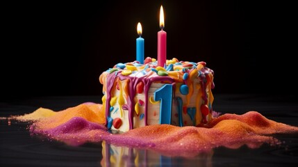 A cake for an 11th birthday celebration, featuring an artistic number 11 candle and abstract, vibrant frosting. - obrazy, fototapety, plakaty