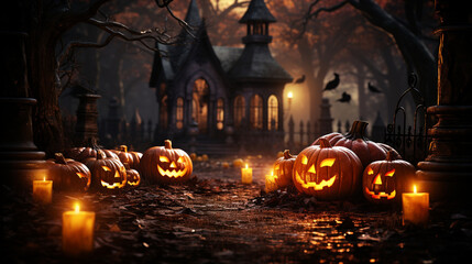 Halloween background with scary pumpkins candles in the graveyard at night 3d Rendering - obrazy, fototapety, plakaty